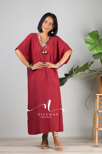 Nuichan women's cotton kaftan dress | Lightweight red summer dress