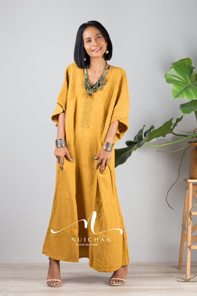 Nuichan women's cotton kaftan dress | Lightweight yellow summer dress