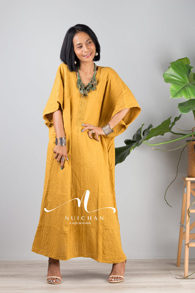 Nuichan women's cotton kaftan dress | Lightweight yellow summer dress