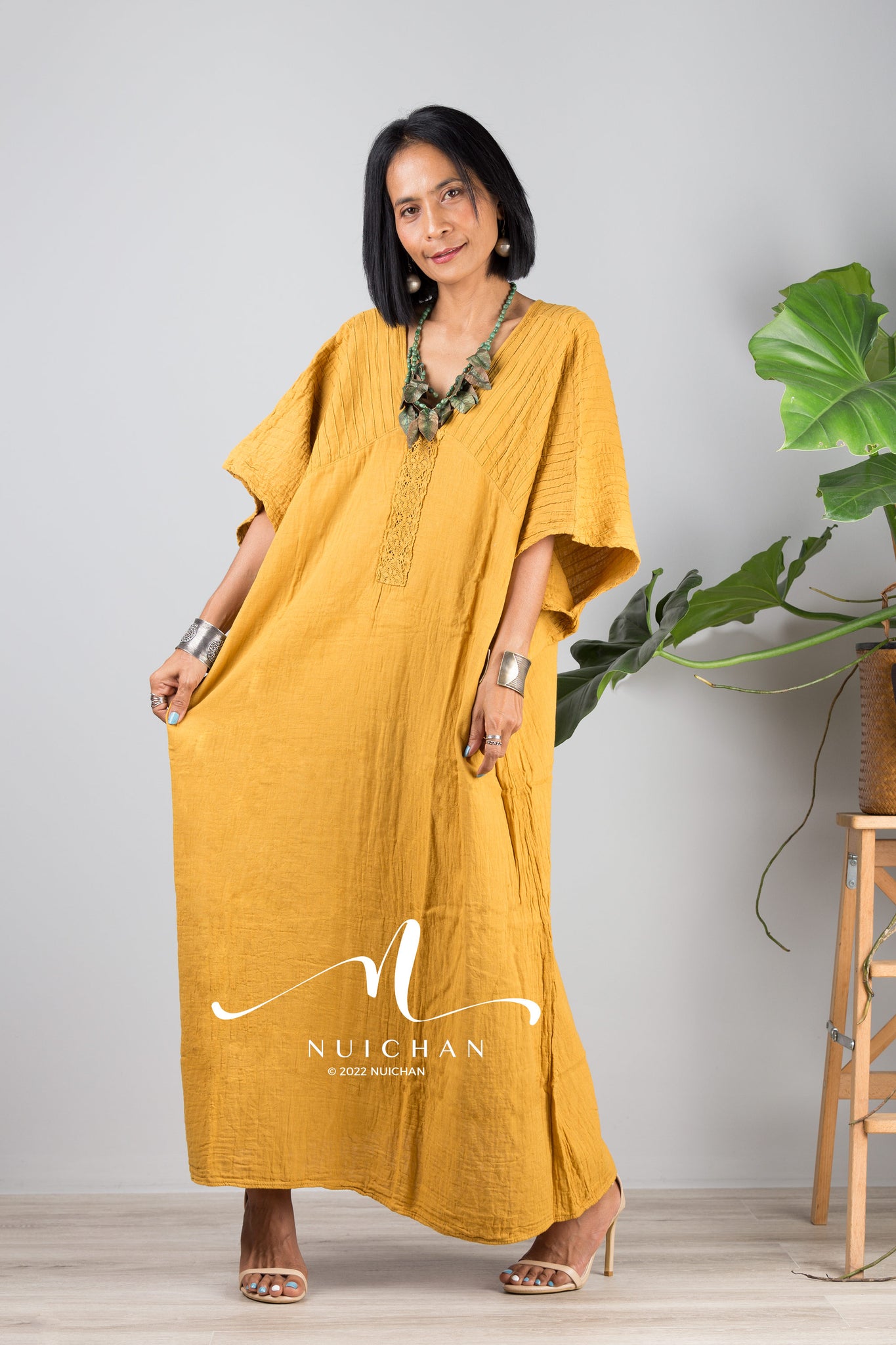 Nuichan women's cotton kaftan dress | Lightweight yellow summer dress