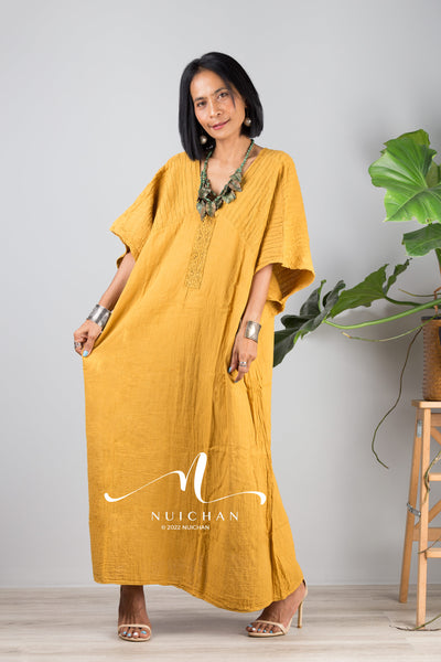 Nuichan women's cotton kaftan dress | Lightweight yellow summer dress