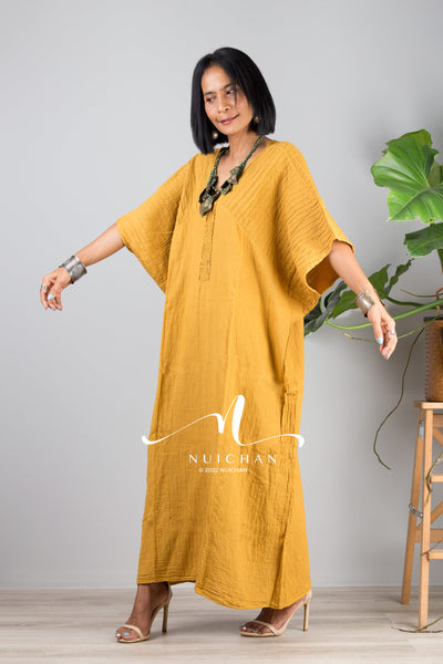 Nuichan women's cotton kaftan dress | Lightweight yellow summer dress