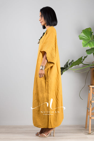 Nuichan women's cotton kaftan dress | Lightweight yellow summer dress