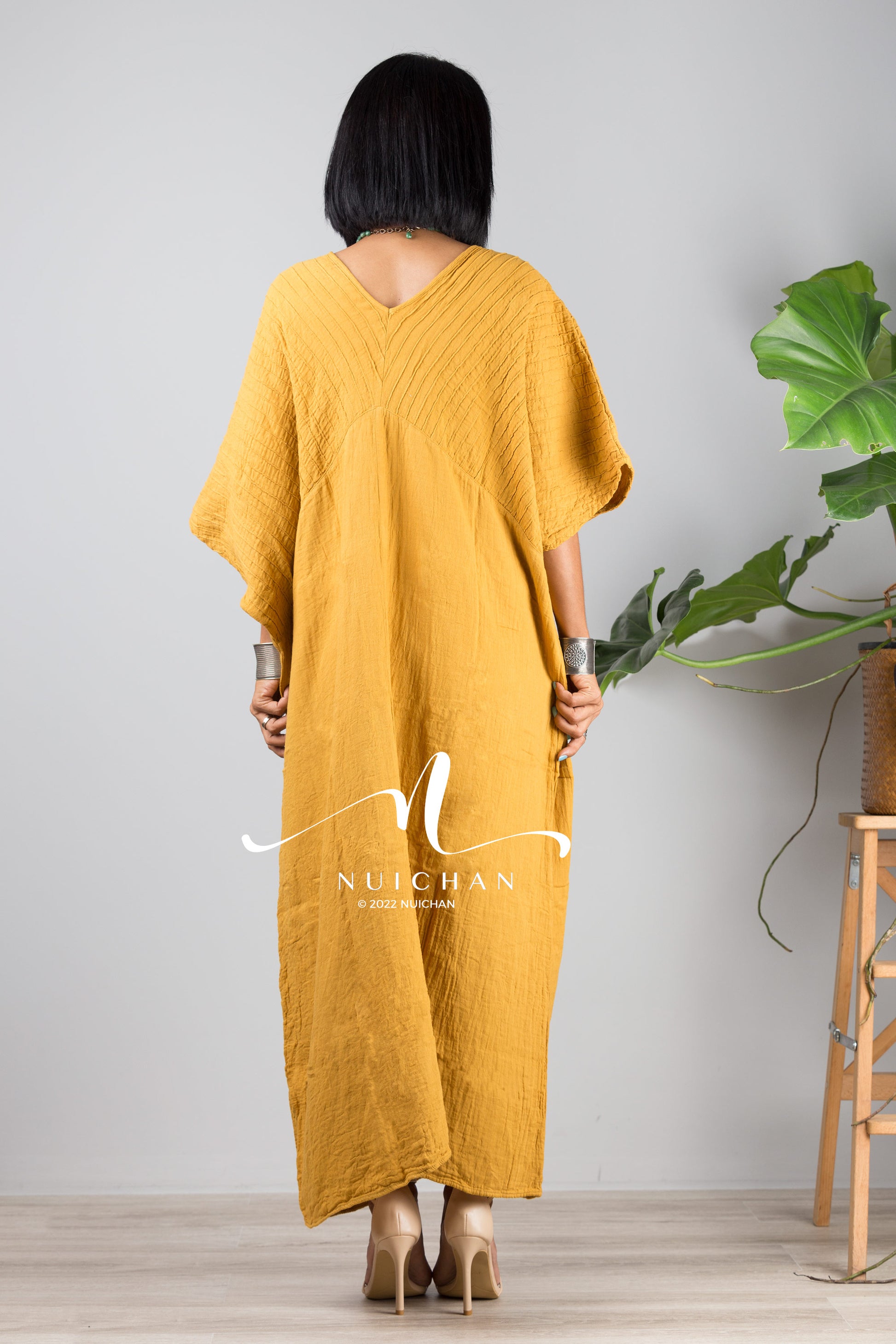 Nuichan women's cotton kaftan dress | Lightweight yellow summer dress