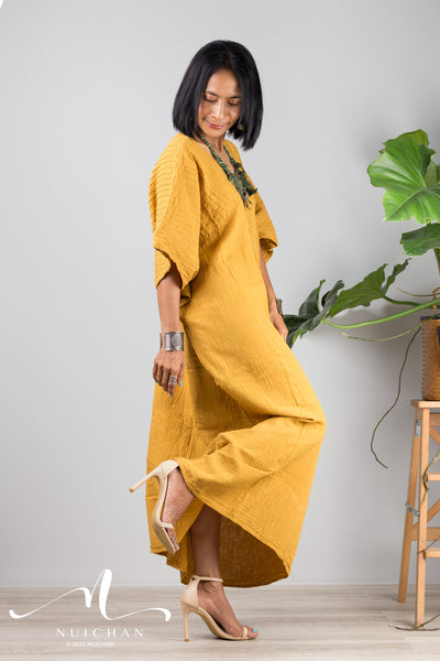 Nuichan women's cotton kaftan dress | Lightweight yellow summer dress