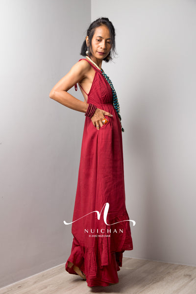 Nuichan Women's Cotton red halter dress | Short front summer dress