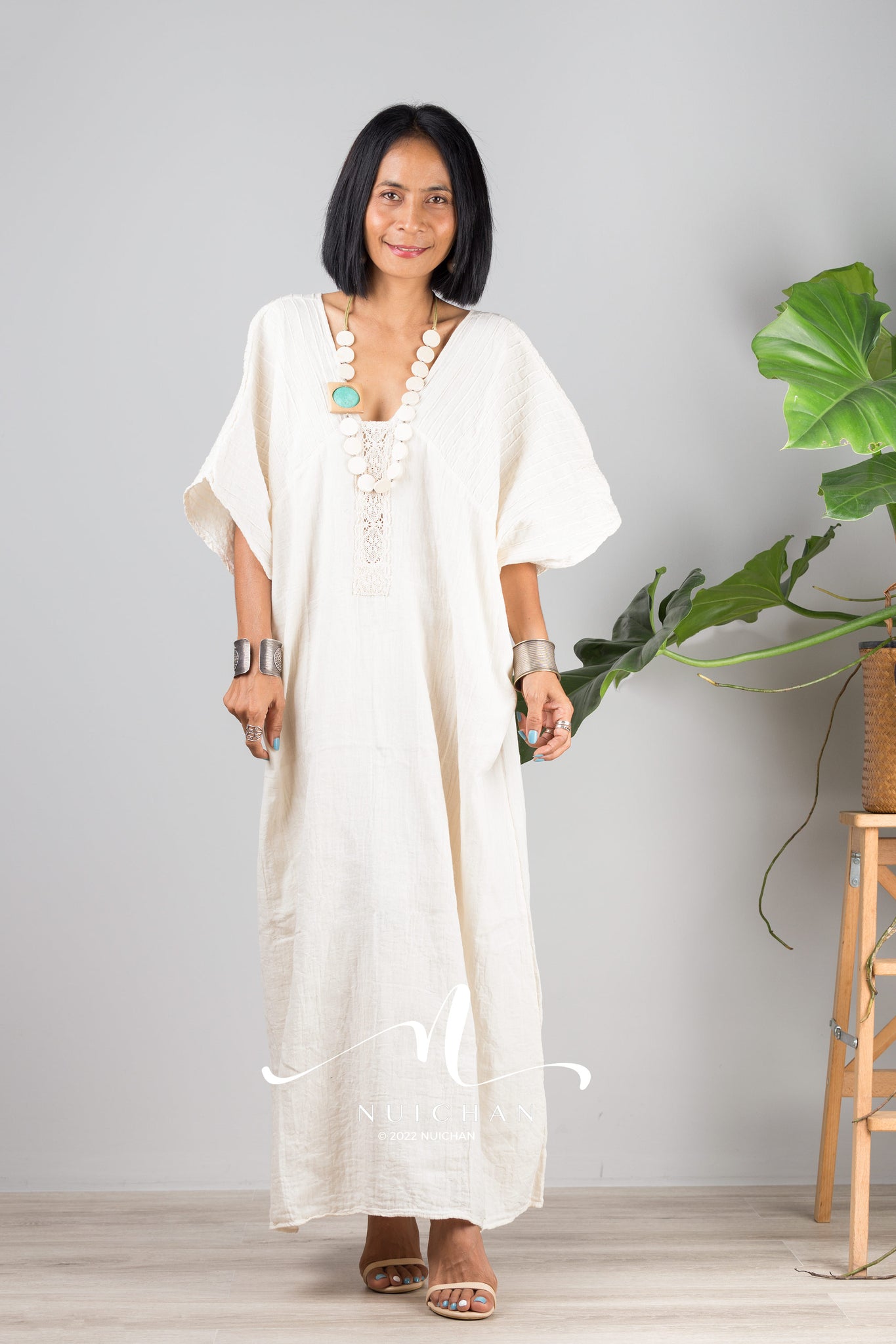 Nuichan women's cotton kaftan dress | Lightweight white summer dress