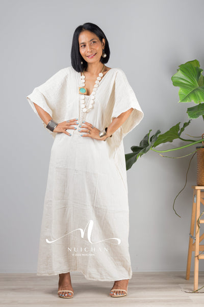 Nuichan women's cotton kaftan dress | Lightweight white summer dress