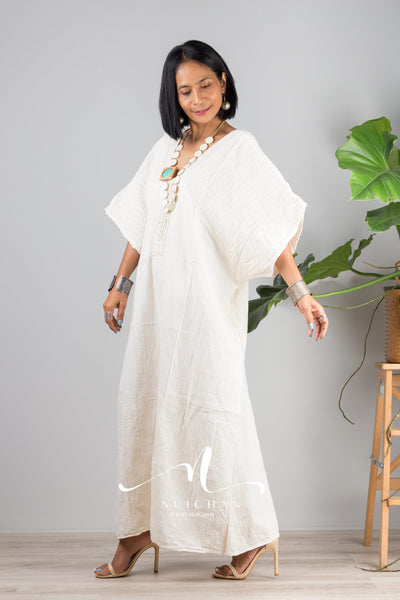 Nuichan women's cotton kaftan dress | Lightweight white summer dress