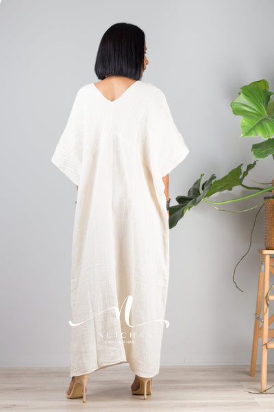 Nuichan women's cotton kaftan dress | Lightweight white summer dress