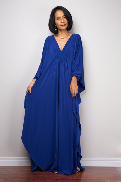 Shop for blue kaftan dresses online.  Affordable caftan dress by Nuichan.  Plus size kaftan dress.  Long royal blue dress for sale.