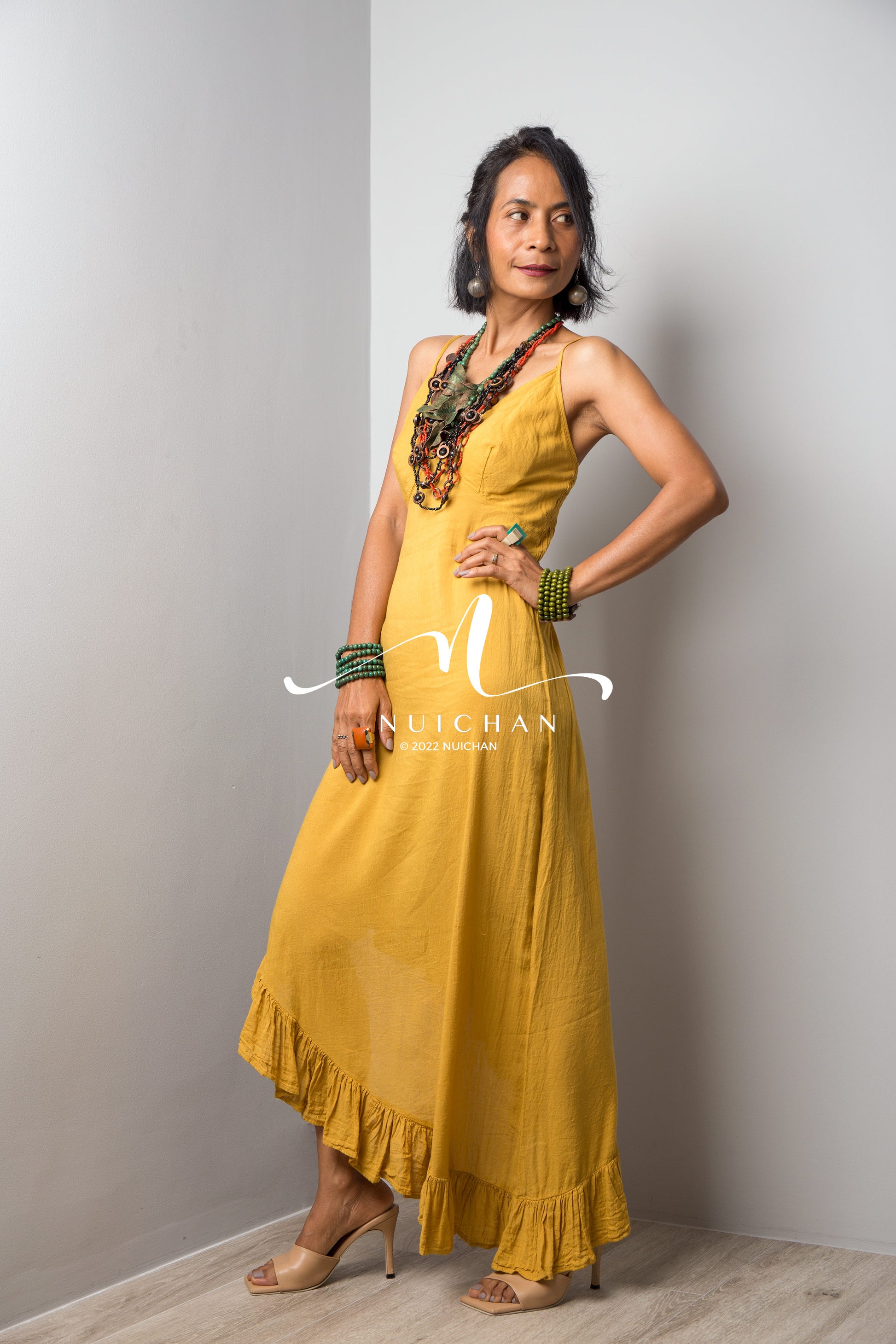 Nuichan Women's cotton strap dress | Summer beach dress in yellow