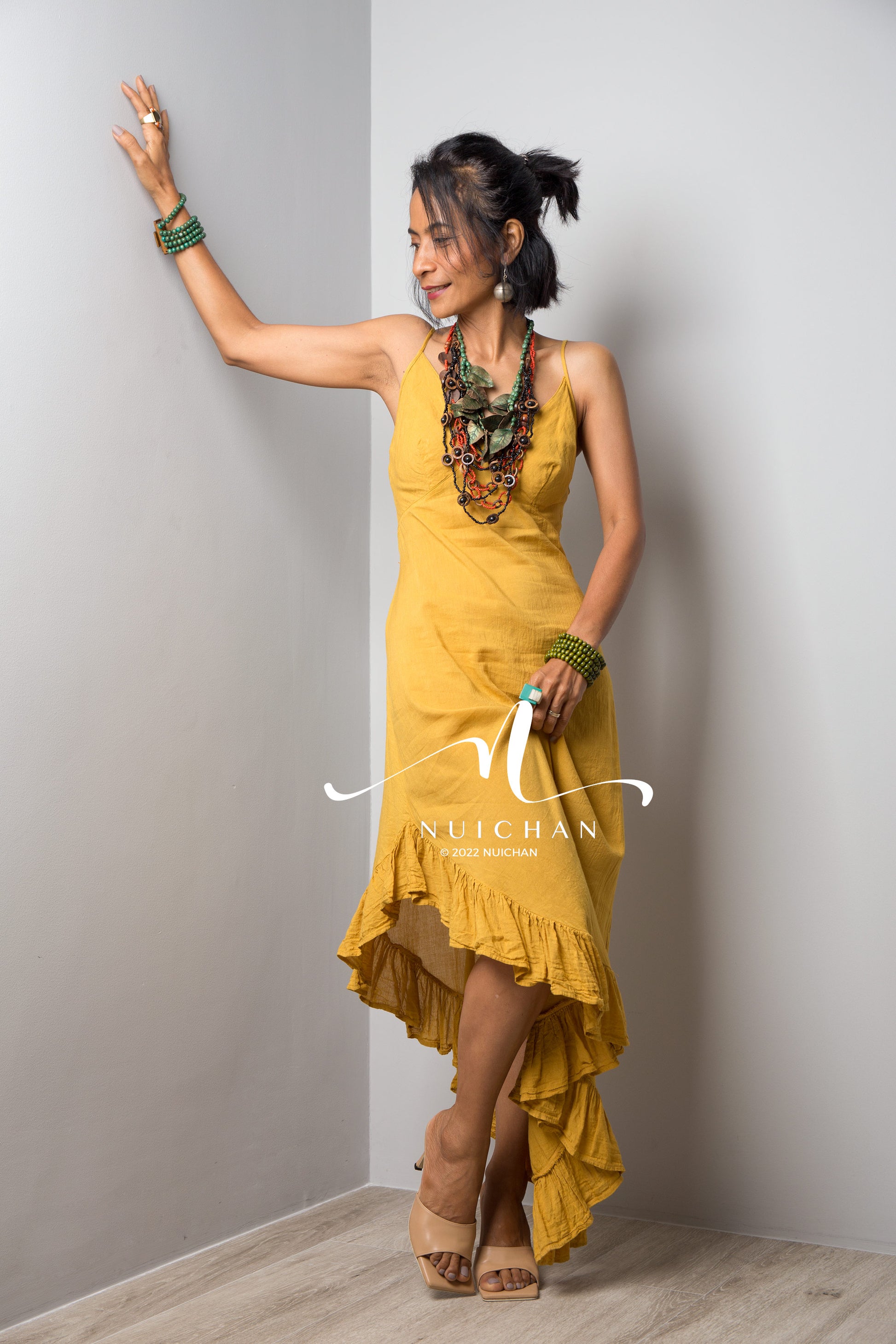 Nuichan Women's cotton strap dress | Summer beach dress in yellow