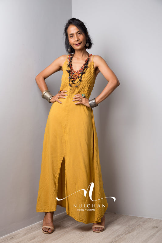 Nuichan Women's Cotton yellow slit dress | Boho summer dress