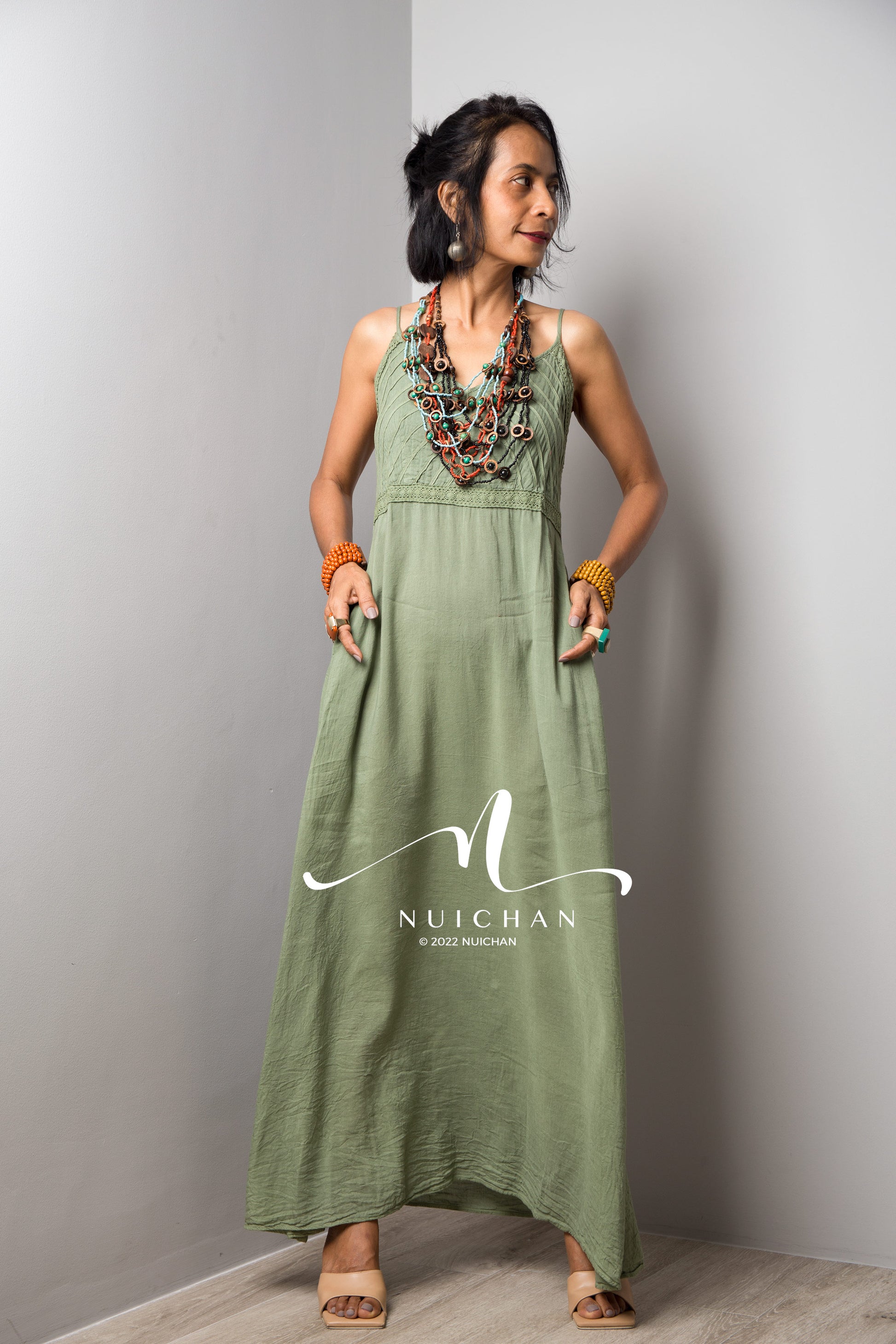 Nuichan Women's Cotton cami dress | Soft green cotton slip dress