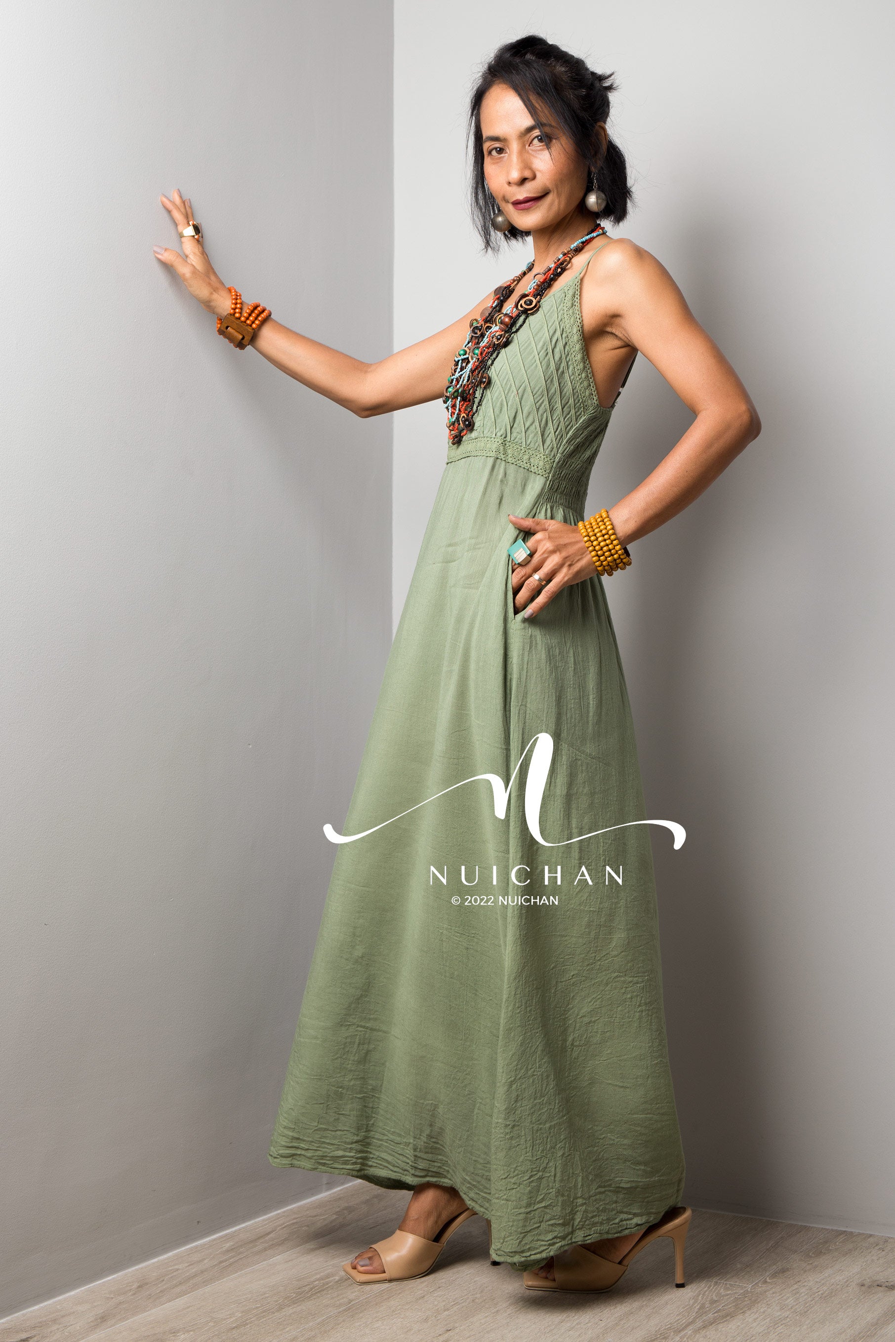 Nuichan Women's Cotton cami dress | Soft green cotton slip dress