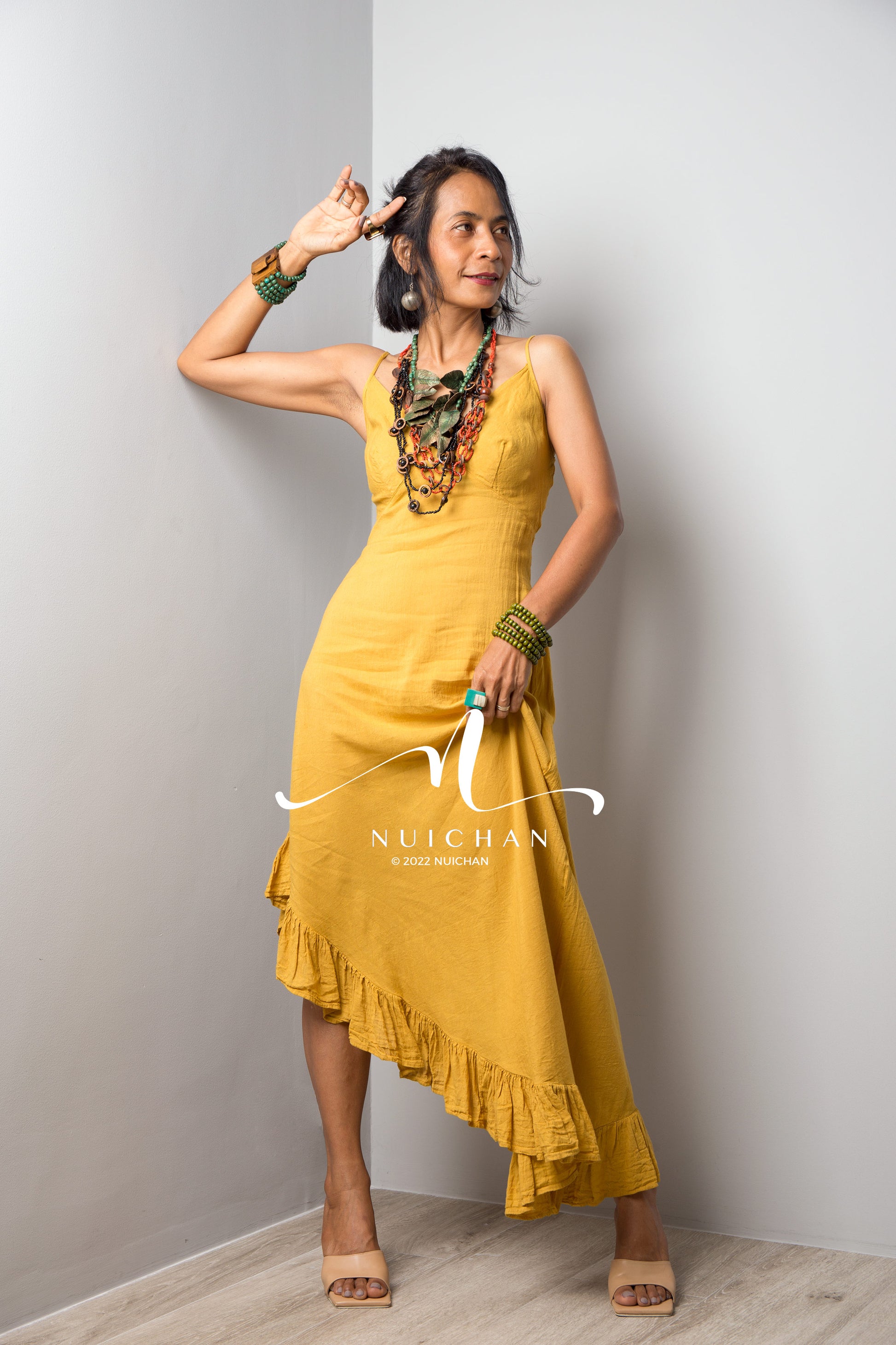 Nuichan Women's cotton strap dress | Summer beach dress in yellow