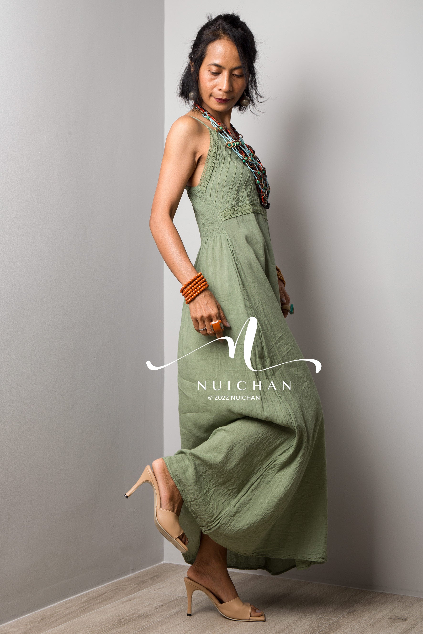 Nuichan Women's Cotton cami dress | Soft green cotton slip dress