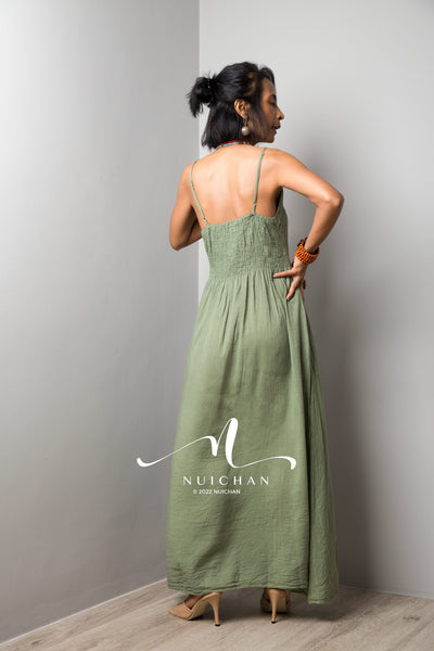 Nuichan Women's Cotton cami dress | Soft green cotton slip dress