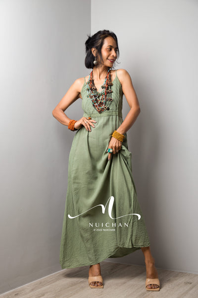 Nuichan Women's Cotton cami dress | Soft green cotton slip dress