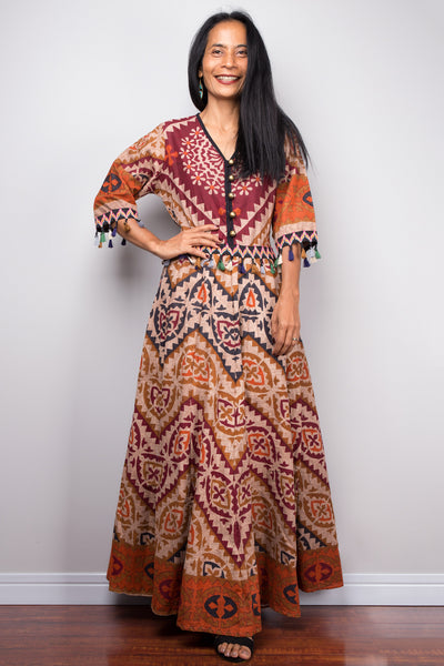 Boho Dress with tassels | Cotton Maxi Dress | Blouson Dress | Gypsy dress with pockets