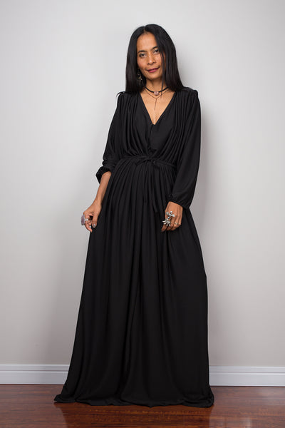 Black dress, long black dress, maxi dress with long sleeves, black evening dress with v neckline