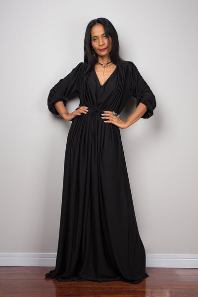 Black dress, long black dress, maxi dress with long sleeves, black evening dress with v neckline
