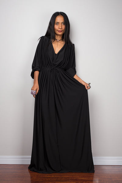 Black dress, long black dress, maxi dress with long sleeves, black evening dress with v neckline