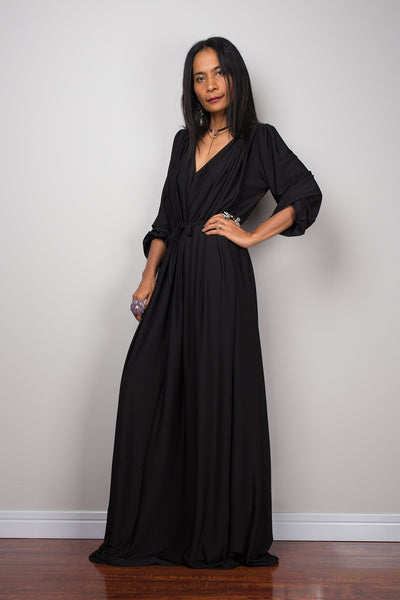 Black dress, long black dress, maxi dress with long sleeves, black evening dress with v neckline