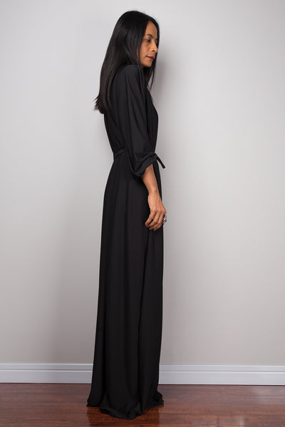 Black dress, long black dress, maxi dress with long sleeves, black evening dress with v neckline