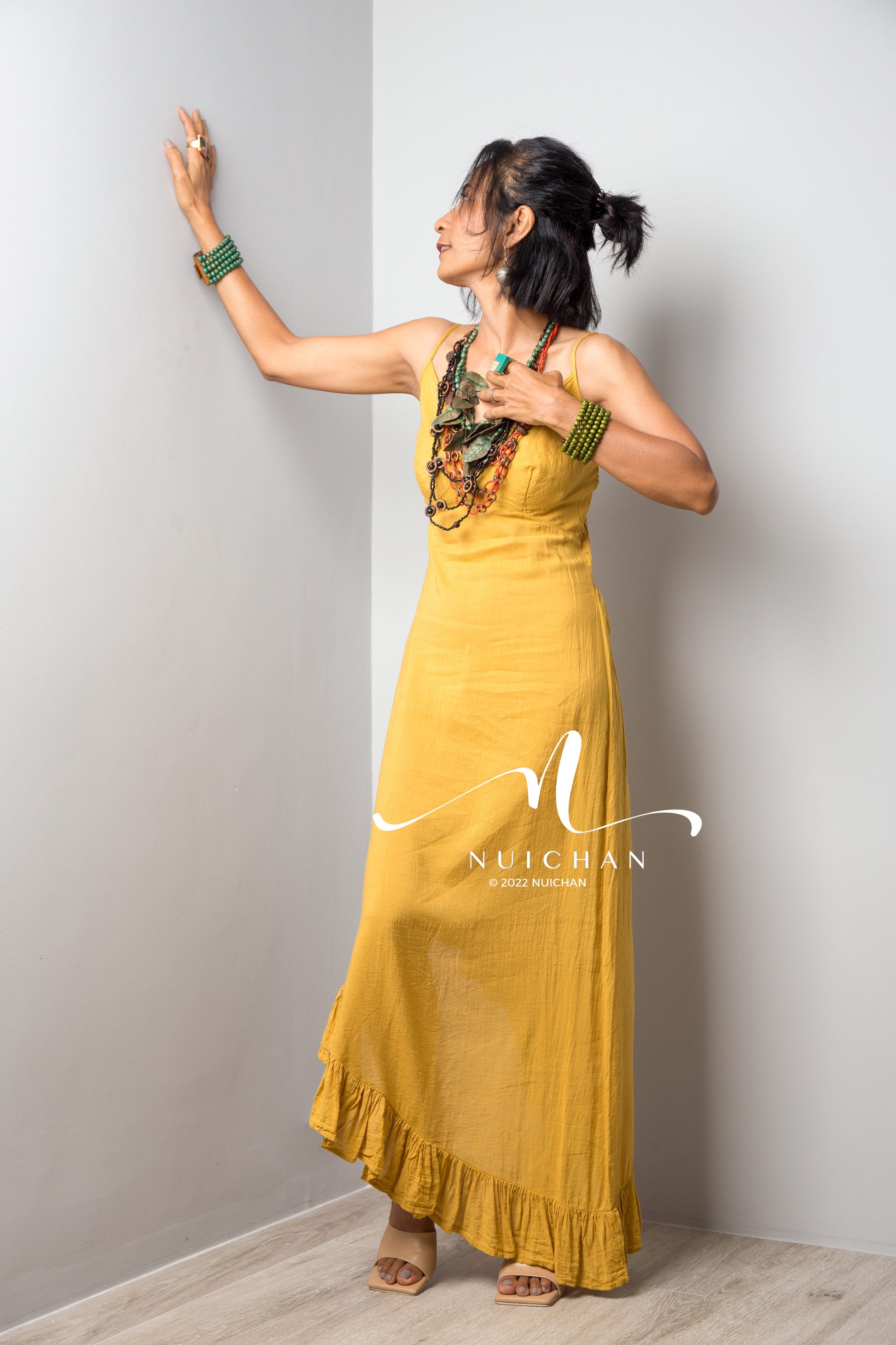 Nuichan Women's cotton strap dress | Summer beach dress in yellow