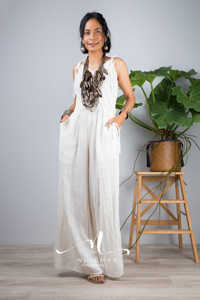 Nuichan women's cotton jumpsuit | Off white cotton jumper for summer