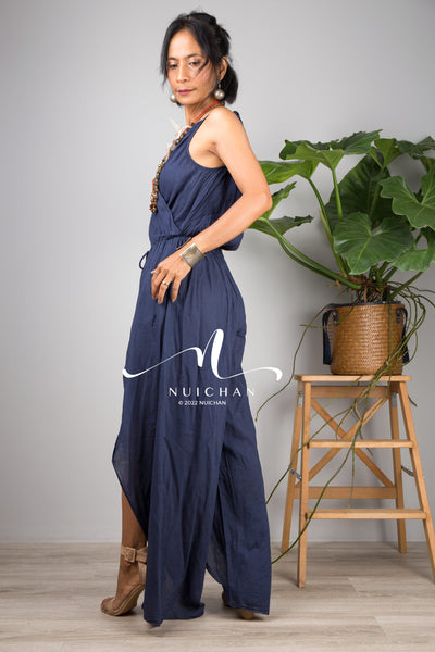 Nuichan women's cotton jumpsuit | Blue cotton cami jumper with splits