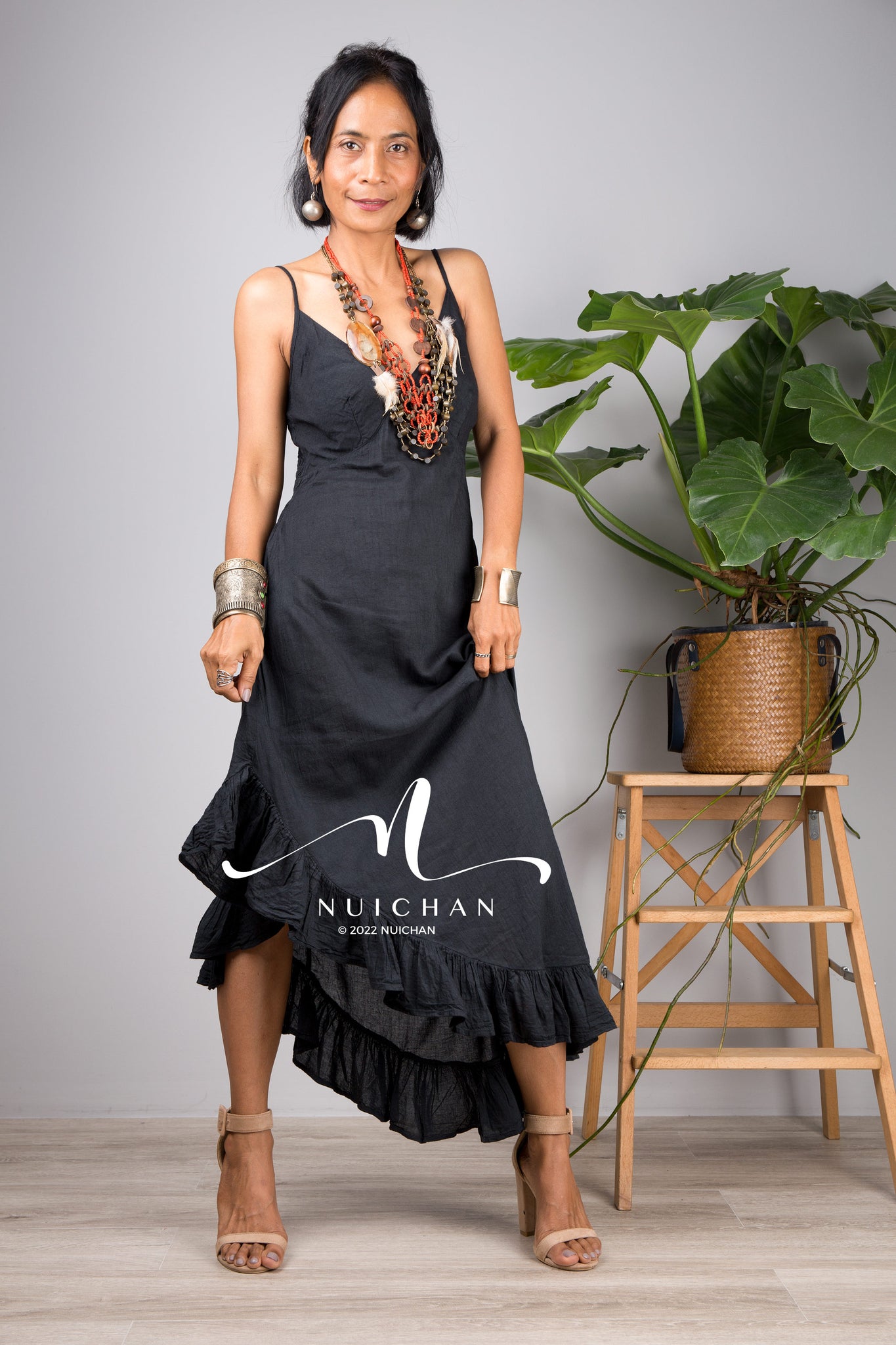 Nuichan Women's cotton strap dress | Summer beach dress in black 