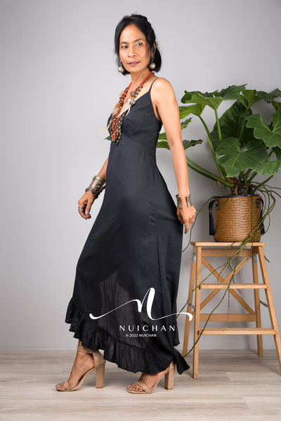Nuichan Women's cotton strap dress | Summer beach dress in black 
