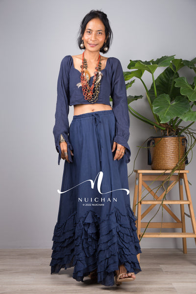 Nuichan Women ruffle boho blue maxi skirt, Summer cotton skirt and top