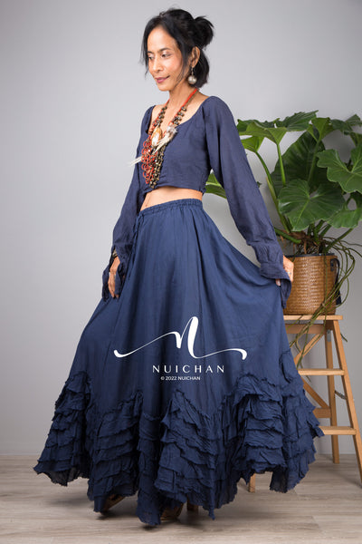 Nuichan Women ruffle boho blue maxi skirt, Summer cotton skirt and top