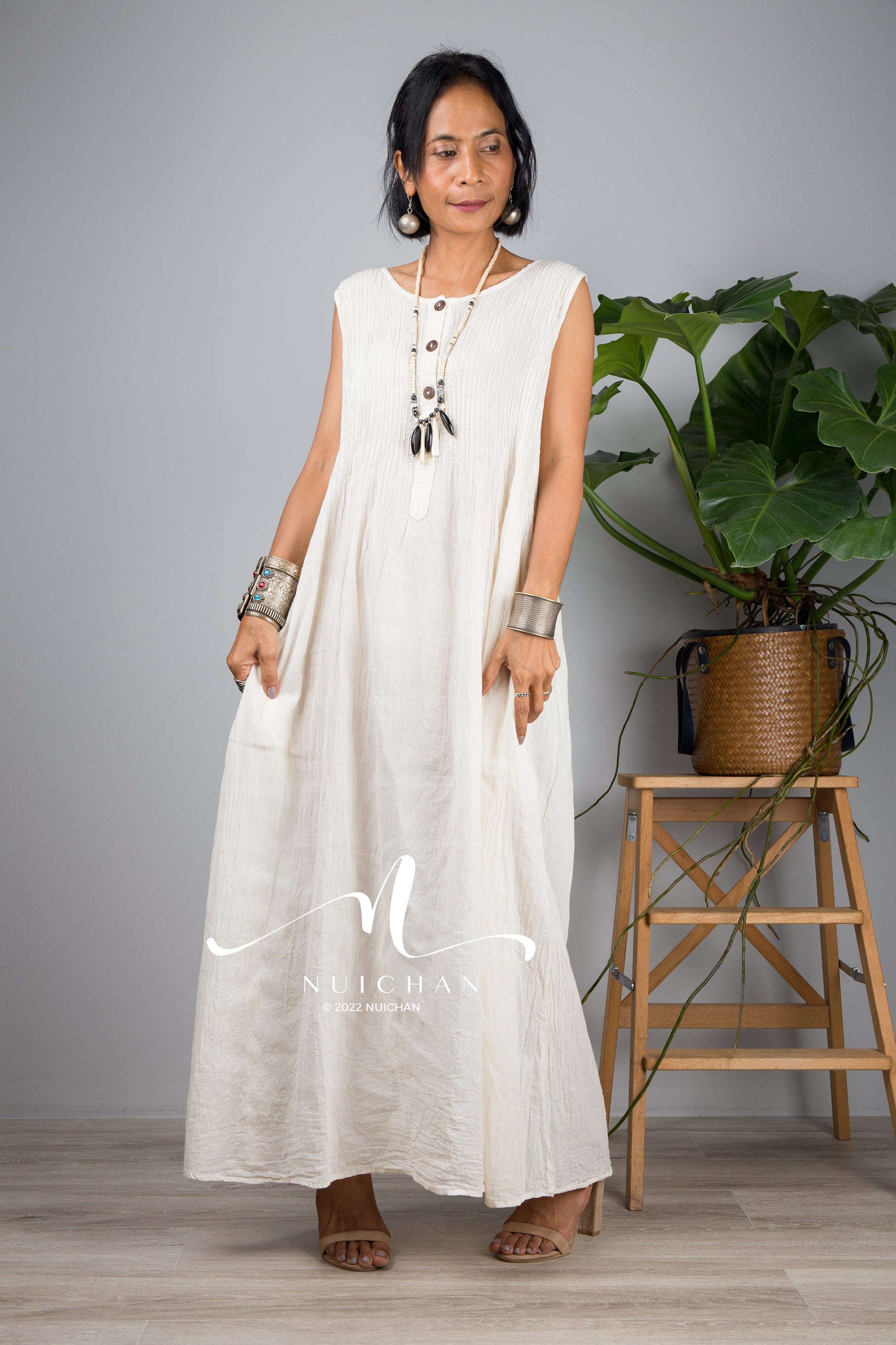 cotton sleeveless dresses Garden Society Green Cotton Eyelet Sleeveless Midi Dress