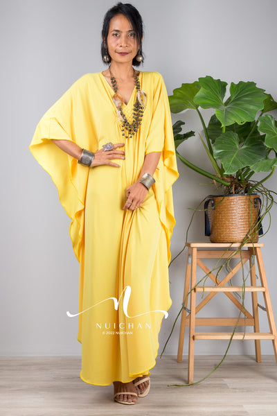 Small Kaftan dresses online. Yellow kimono kaftan dress by Nuichan