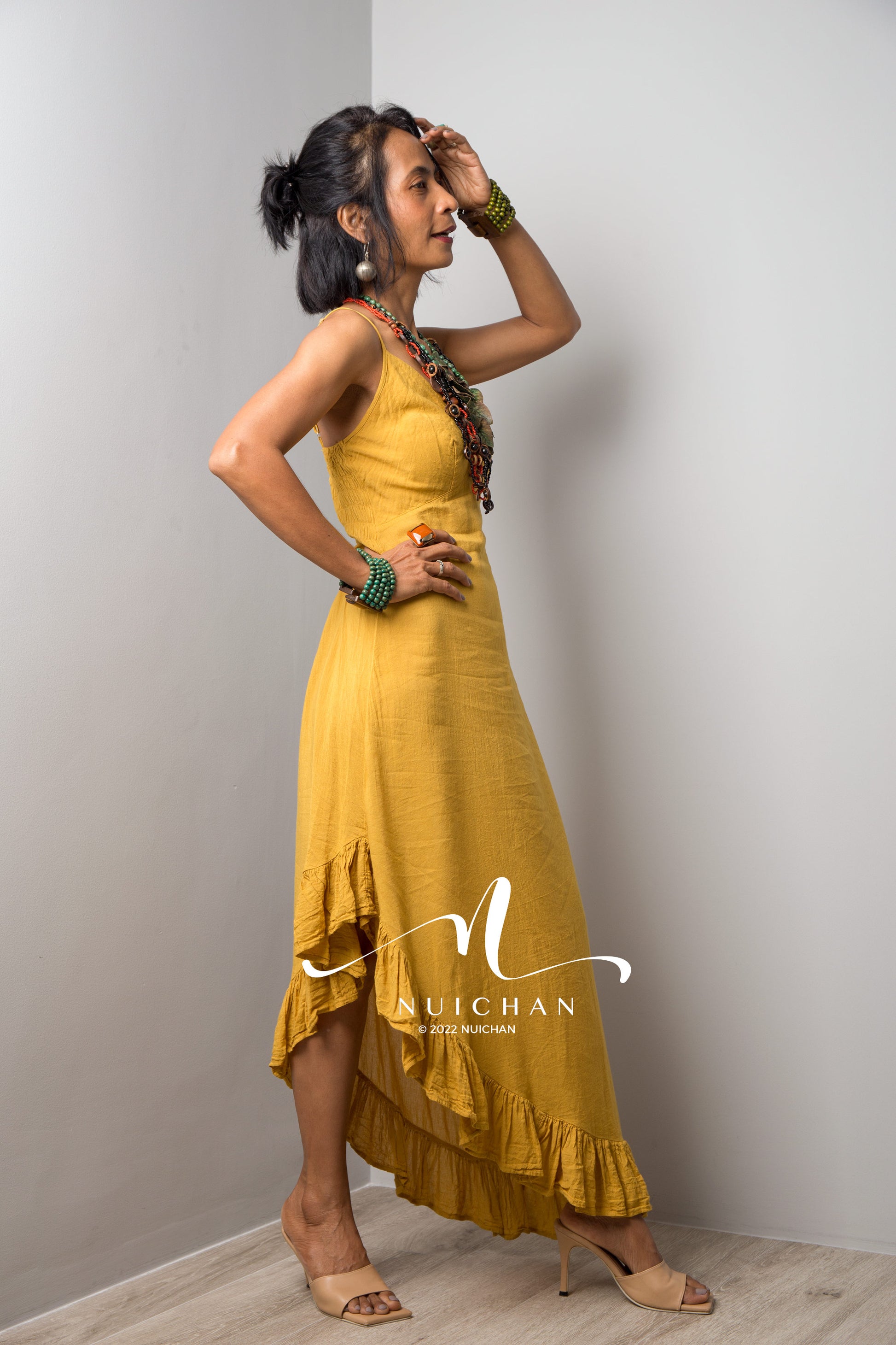 Nuichan Women's cotton strap dress | Summer beach dress in yellow
