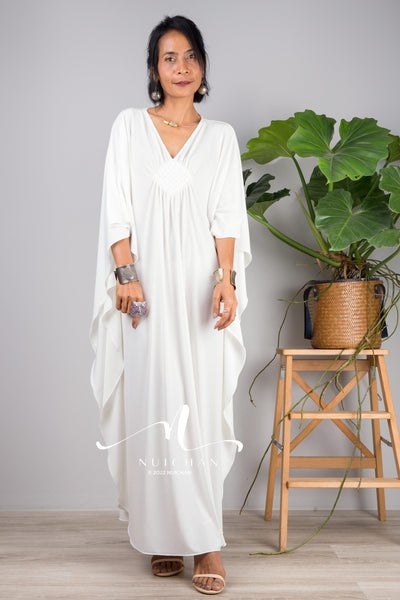 Nuichan kaftan dress for petite women. Greek goddess white dress for short ladies.
