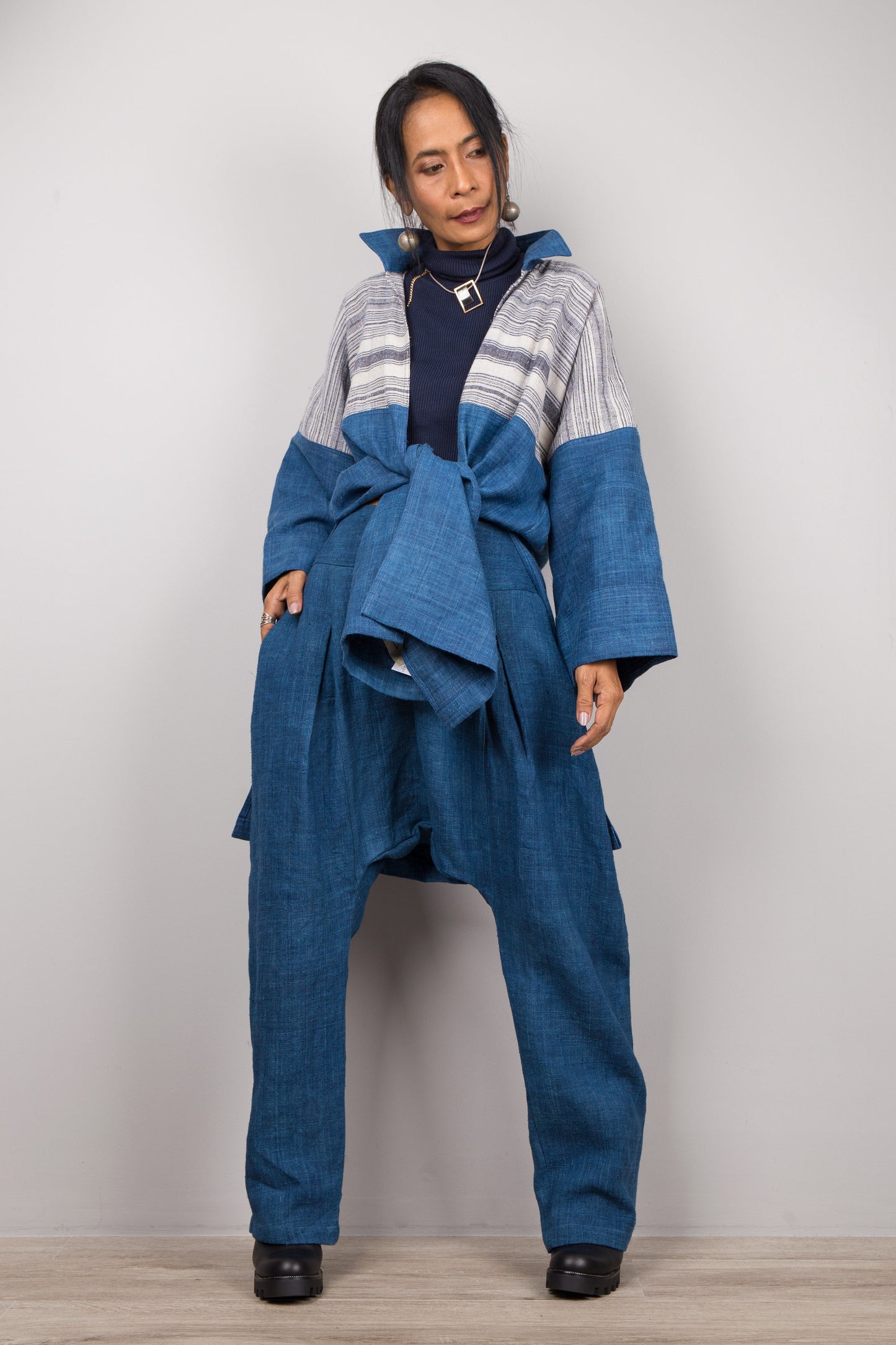 Front view of natural indigo hill tribe cardigan with tie front and striped yoke, Nuichan