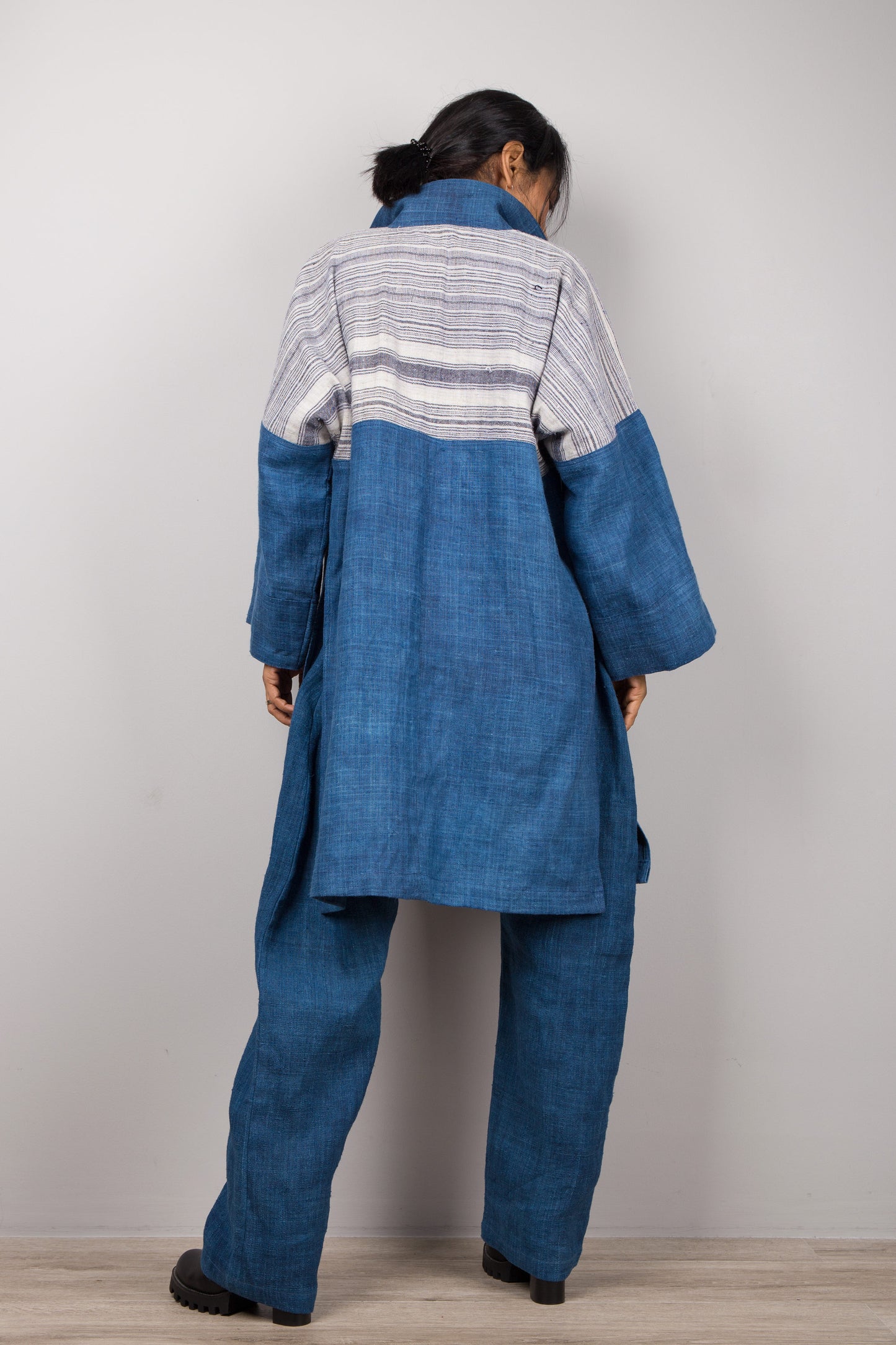 Back view of natural indigo hill tribe cardigan with striped yoke, Nuichan