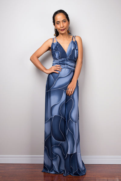 Blue Maxi Strap Dress, Formal evening frock dress, High-waist cocktail dress
