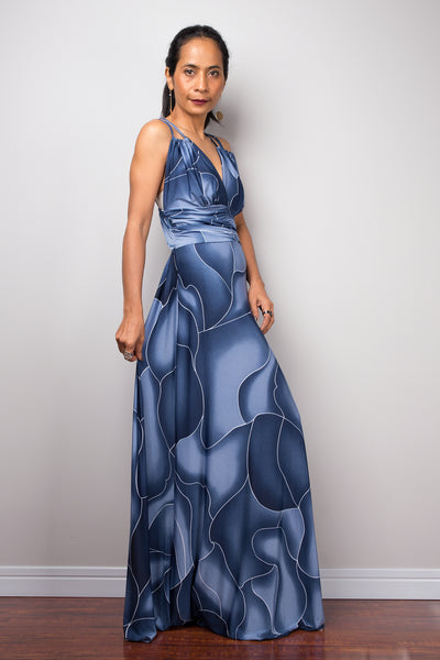 Blue Maxi Strap Dress, Formal evening frock dress, High-waist cocktail dress