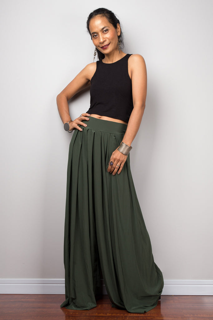 Buy Olive Green Cotton Mid-Rise Elasticated Wide Legged Pant Online at  SeamsFriendly