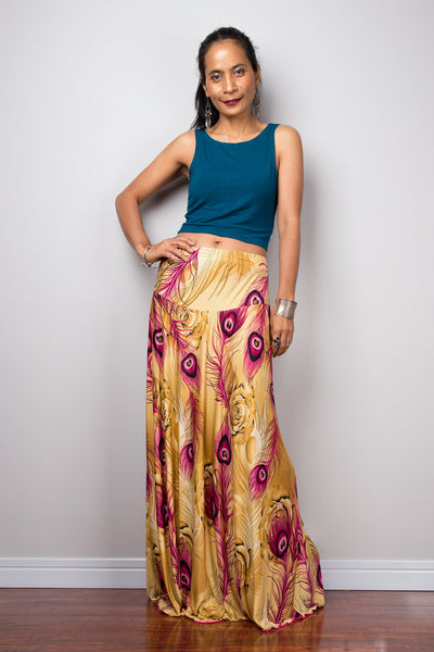 High waist skirt | boho peacock maxi skirt | Floor length women's skirt
