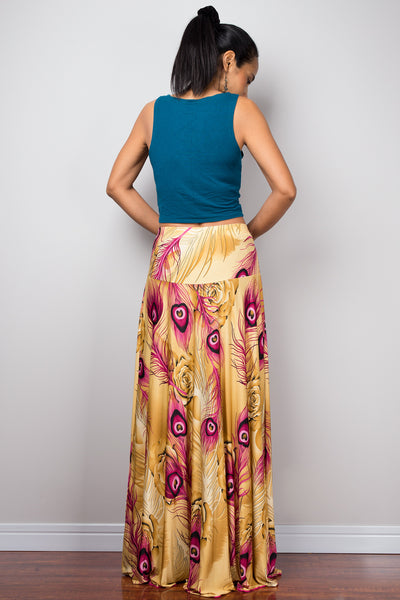 High waist skirt | boho peacock maxi skirt | Floor length women's skirt