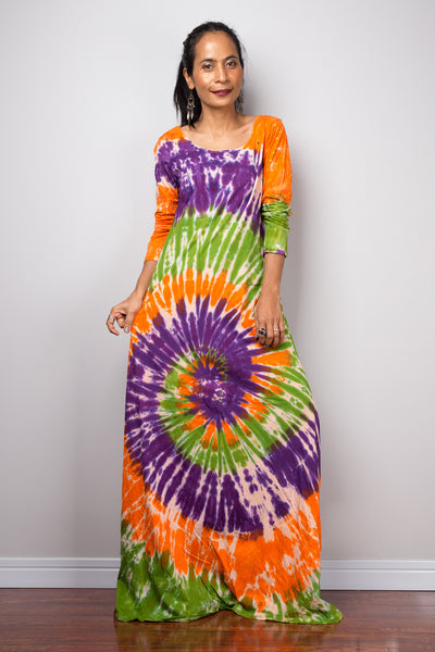 Tie dye swirl dress, Hippie Festival maxi dress, Long Sleeve Rainbow dress, Colourful gypsy dress