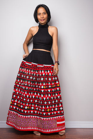 Tribal maxi skirt | Up-cycled vintage Hmong fabric skirt